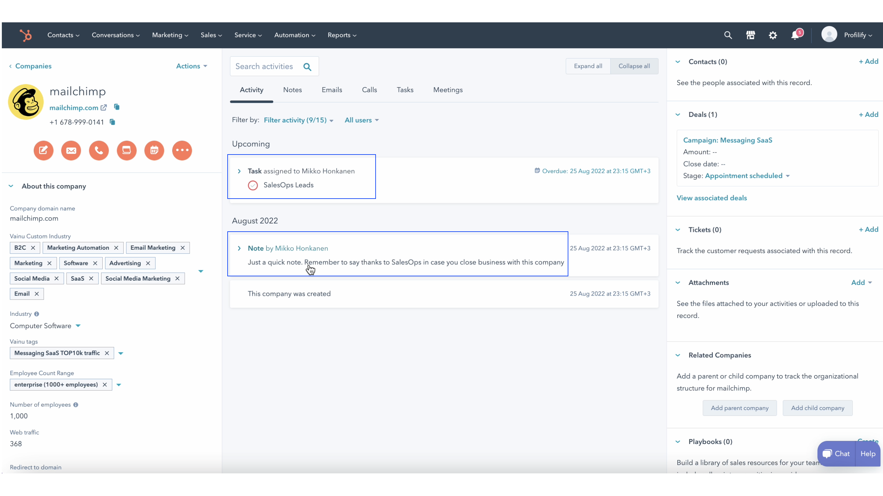 Create Tasks, Notes, or Deals when exporting companies